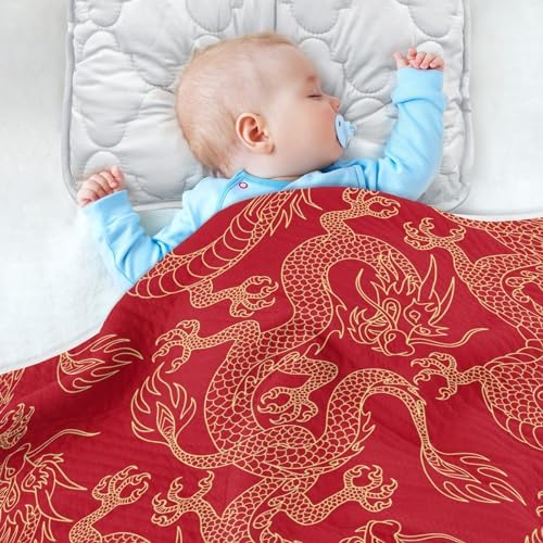 KJIZMO Cotton Baby Blanket with Golden Dragon Print 30x40