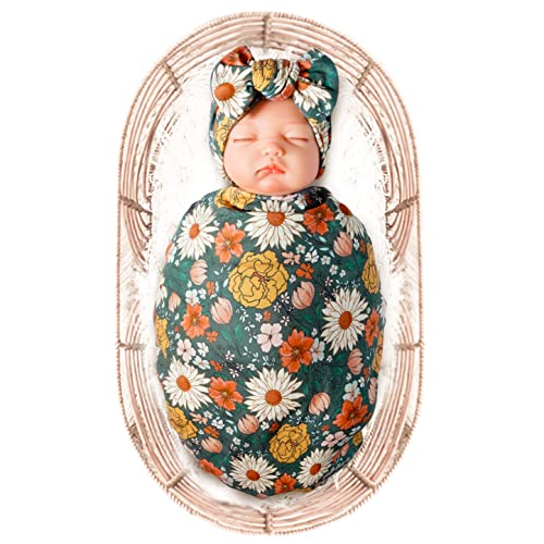 Konssy Baby Girl Swaddle Blanket with Headband Set 1