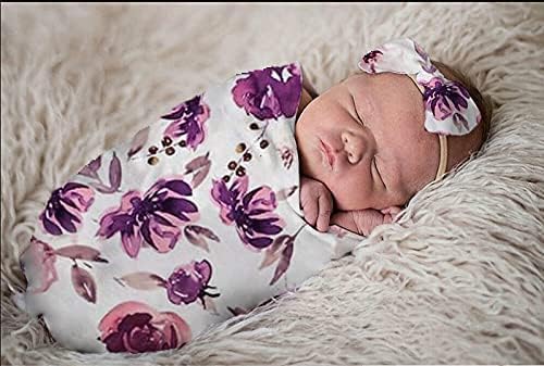 Baby Swaddle Blanket with Headband Set Purple Flowers