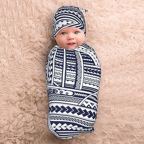 NOKOER Blue Polynesian Tribal Pattern Swaddle Blanket with Hat Set