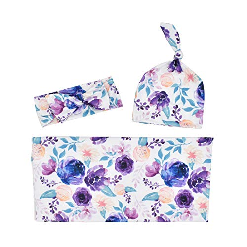 Terriboo Newborn Floral Print Swaddle Blanket with Headband and Beanie