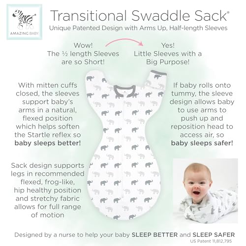Amazing Baby Transitional Swaddle Sack - Tiny Elephants Medium 3-6 Months