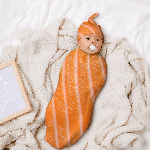 3D Funny Food Salmon Sushi Baby Swaddle Blanket with Hat