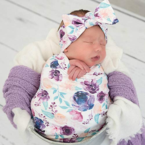 Terriboo Newborn Floral Print Swaddle Blanket with Headband and Beanie