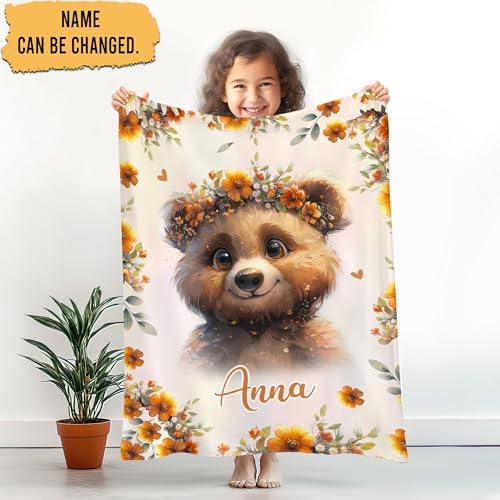 Hyturtle Personalized Bear Blanket - Custom Name Soft Cozy Plush for Newborns