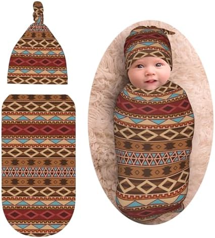 Sanghing Aztec Swaddle Blanket with Beanie Set for Newborns