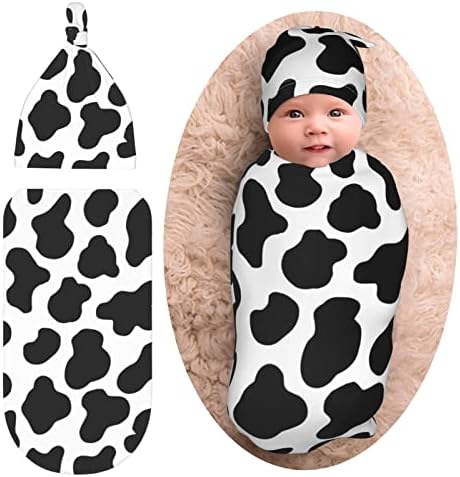 Norchzi Cow Print Swaddle Blanket Hat Set for Newborn Babies