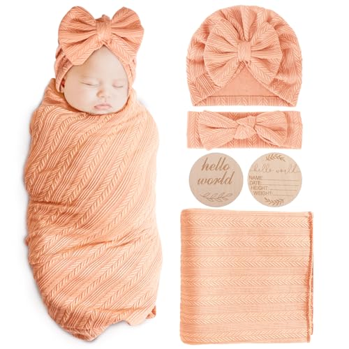 AQOKKA Newborn Swaddle Blanket with Bow Hat and Wooden Card 1