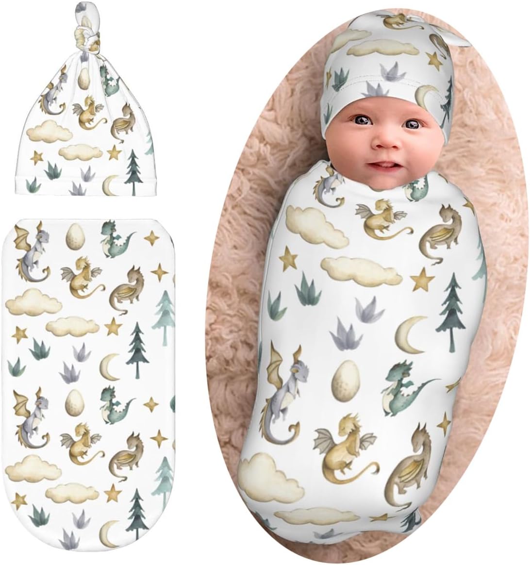 Sozzjile Dragon Print Swaddle Blanket with Beanie Set 1
