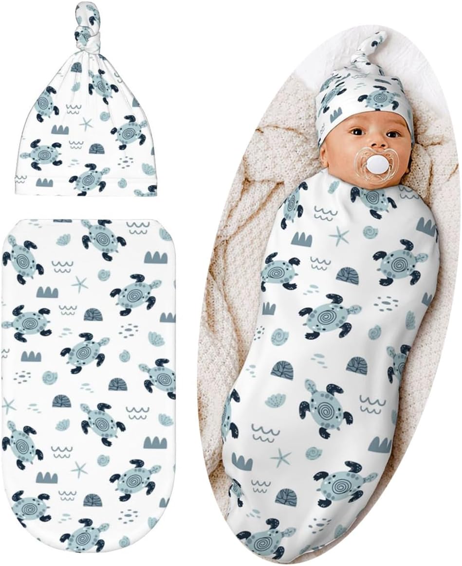 Lcokin Sea Turtle Baby Swaddle Set with Beanie Hat