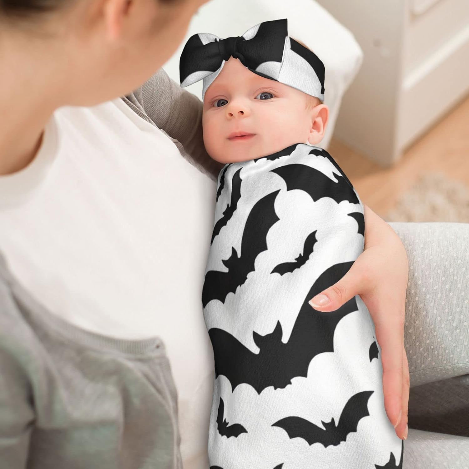 OLGCZM Baby Swaddle Blanket with Headband Set - Halloween Bats Black