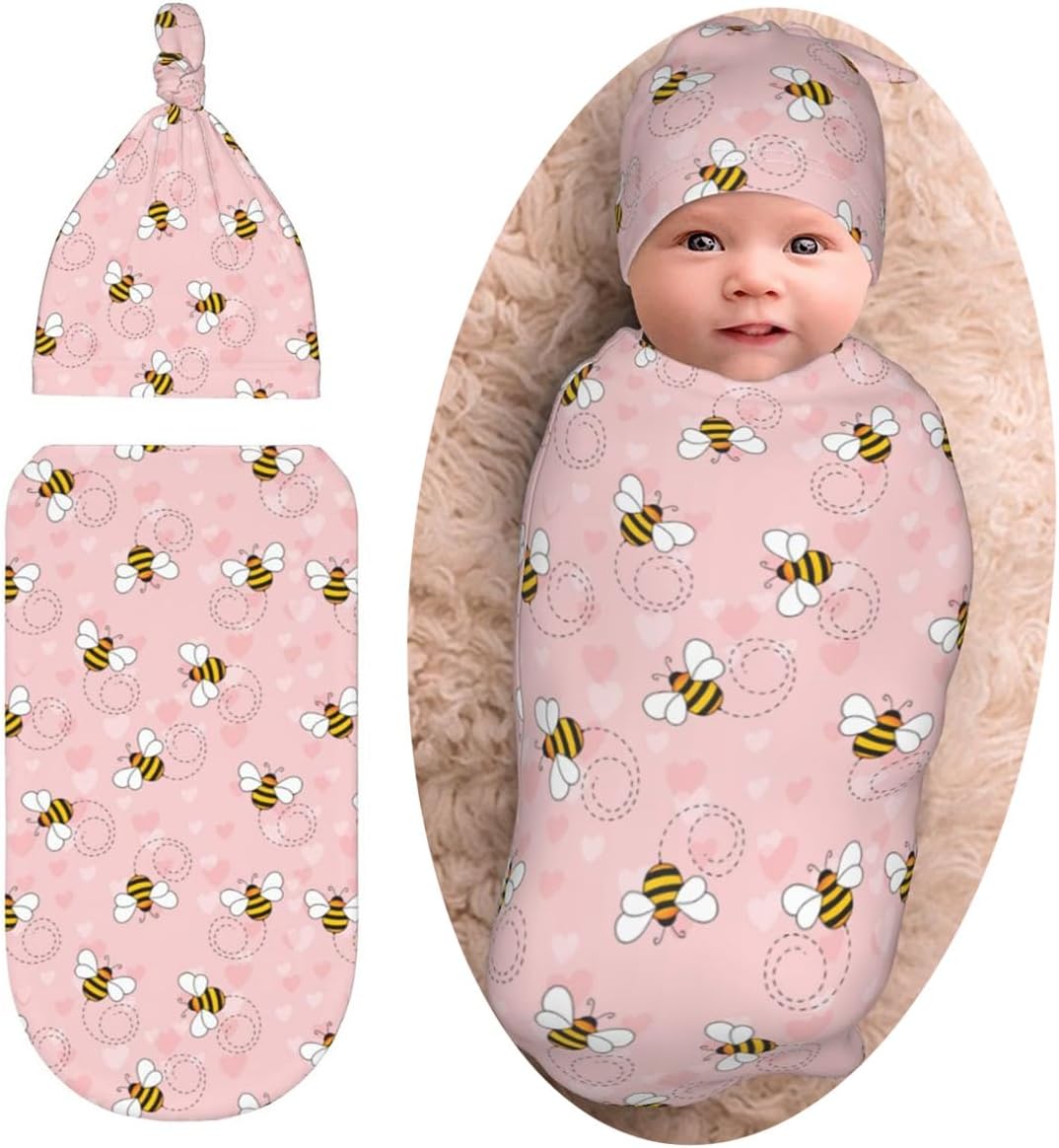 Sozzjile Cute Bee Swaddle Blanket Beanie Set for Newborn
