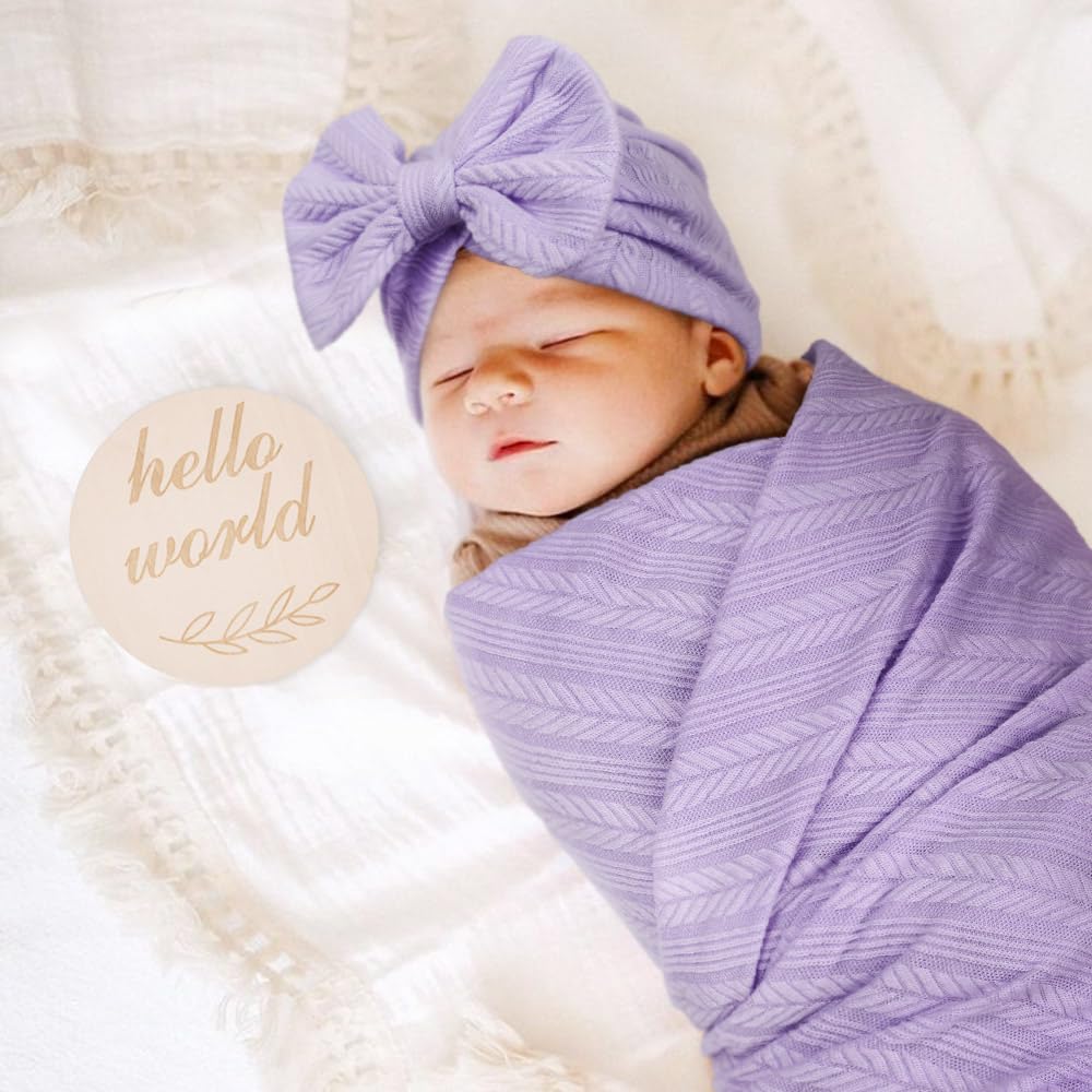 AQOKKA Newborn Swaddle Blanket Set with Hat and Wooden Sign