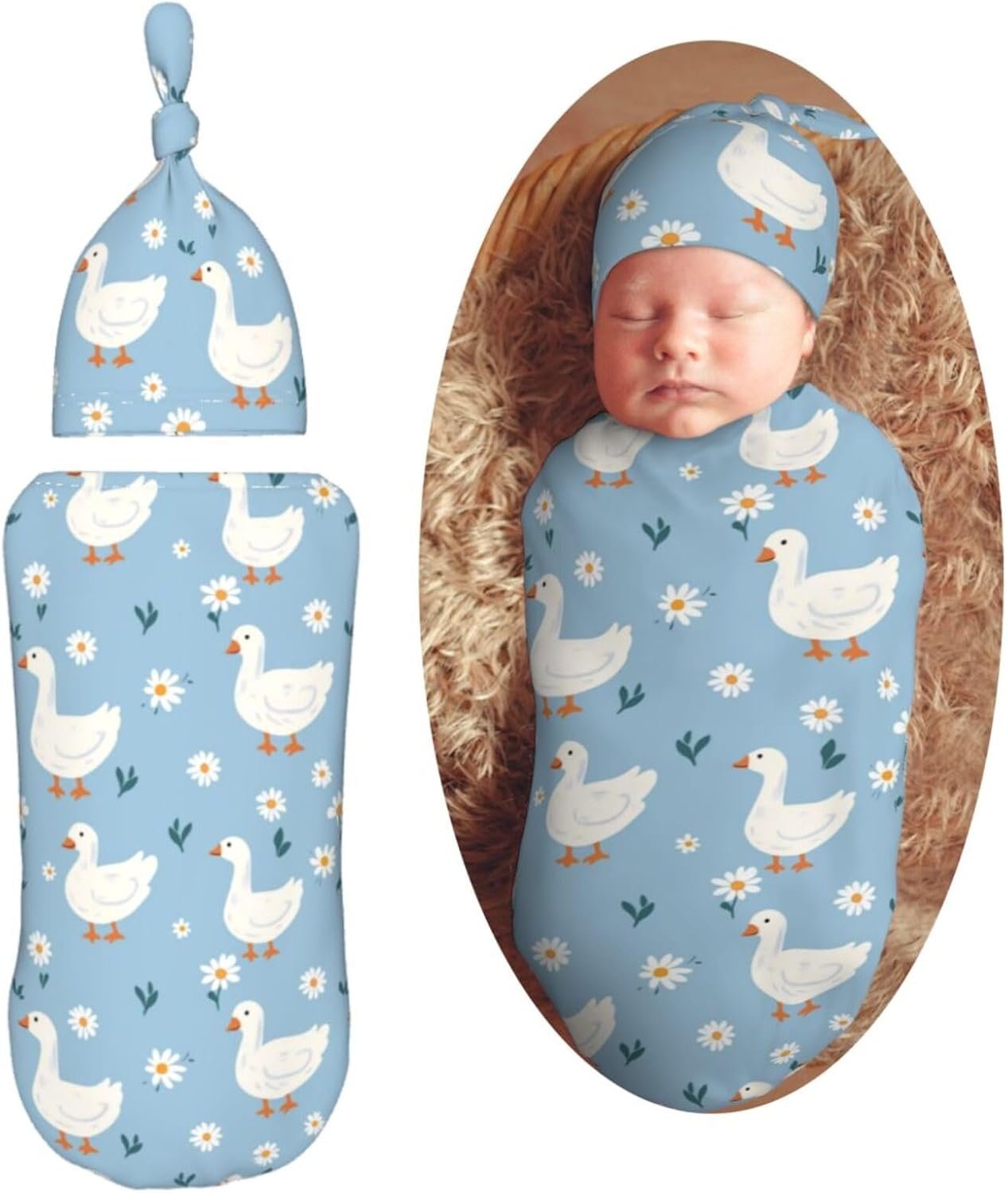 KiuLoam Cute White Geese Swaddle Blanket Set