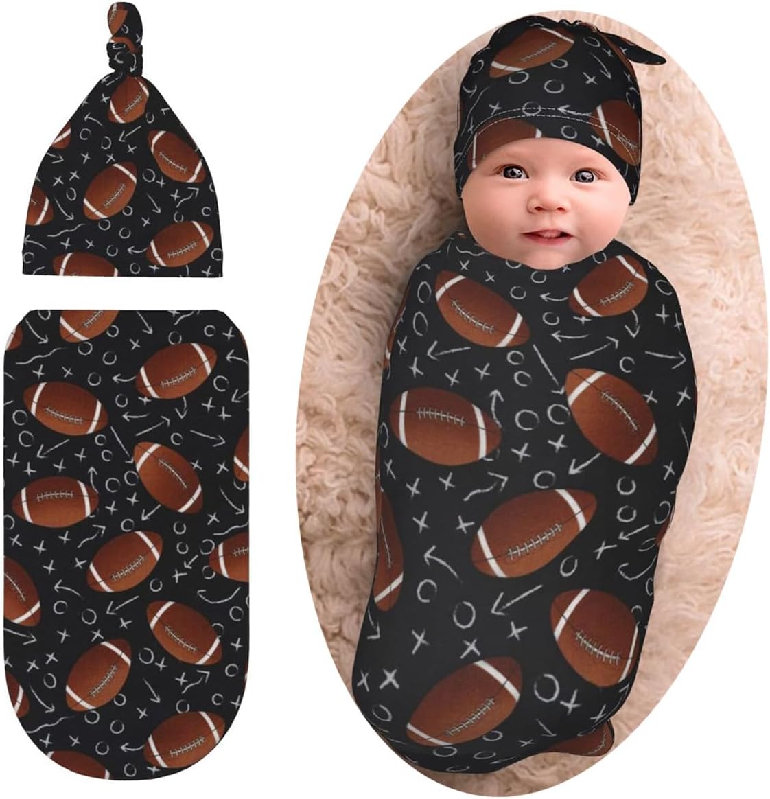 Football Baby Swaddle Blanket Beanie Set for Newborns