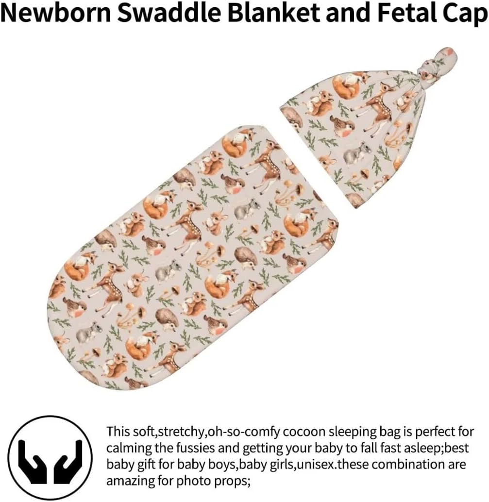 Qiankang Cartoon Animals Swaddling Blanket Beanie Set