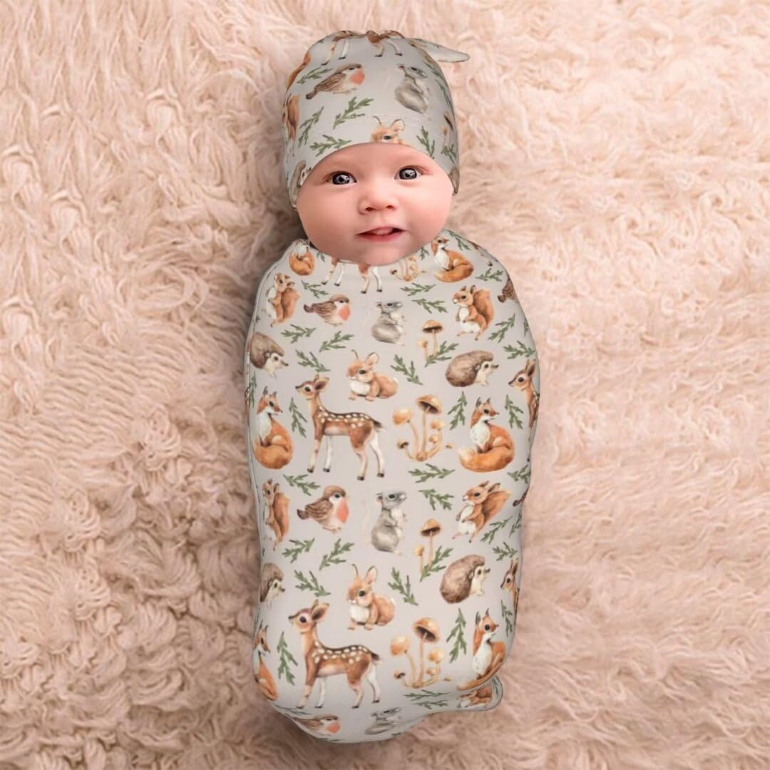Qiankang Cartoon Animals Swaddling Blanket Beanie Set
