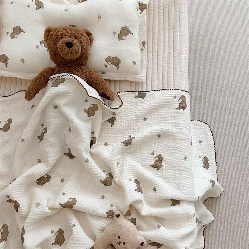 BuLuTu 47x51 Inch Muslin Cotton Baby Blanket with Bear Bee Pattern