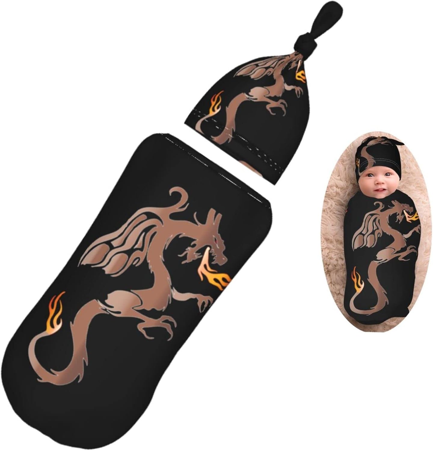 AuHomea Fire Angry Dragon Swaddle Blanket with Beanie Hat 1