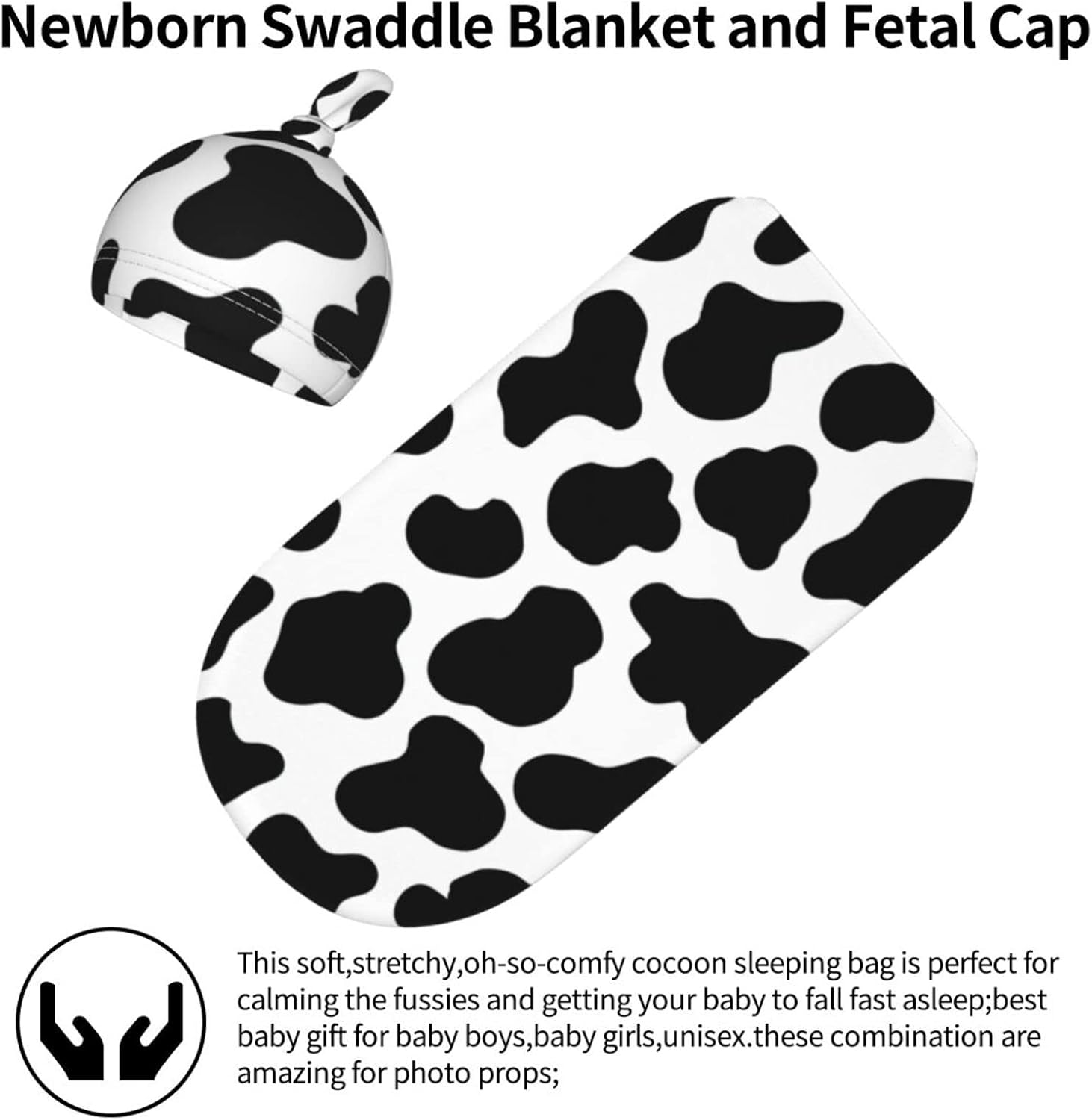 Norchzi Cow Print Swaddle Blanket Hat Set for Newborn Babies
