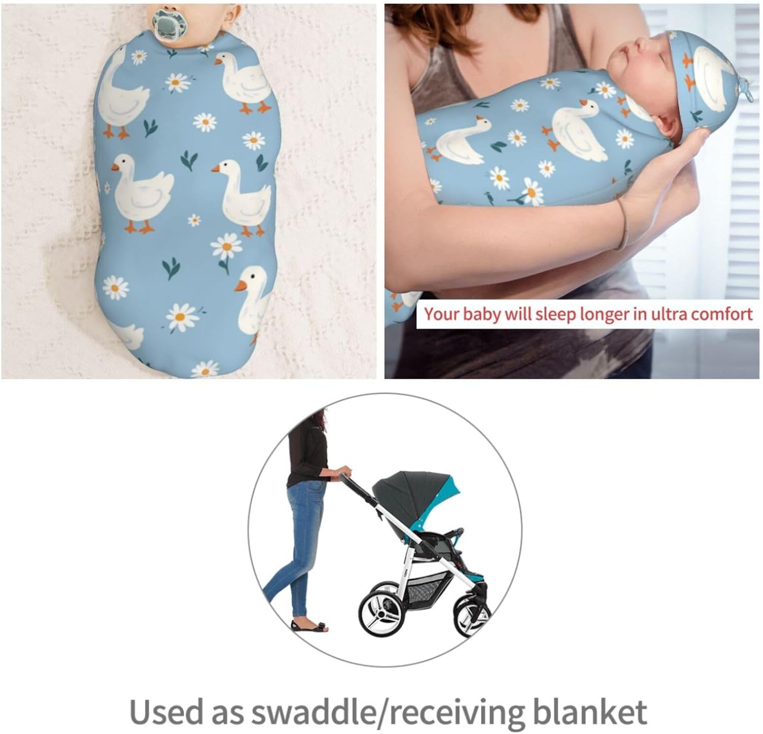 KiuLoam Cute White Geese Swaddle Blanket Set