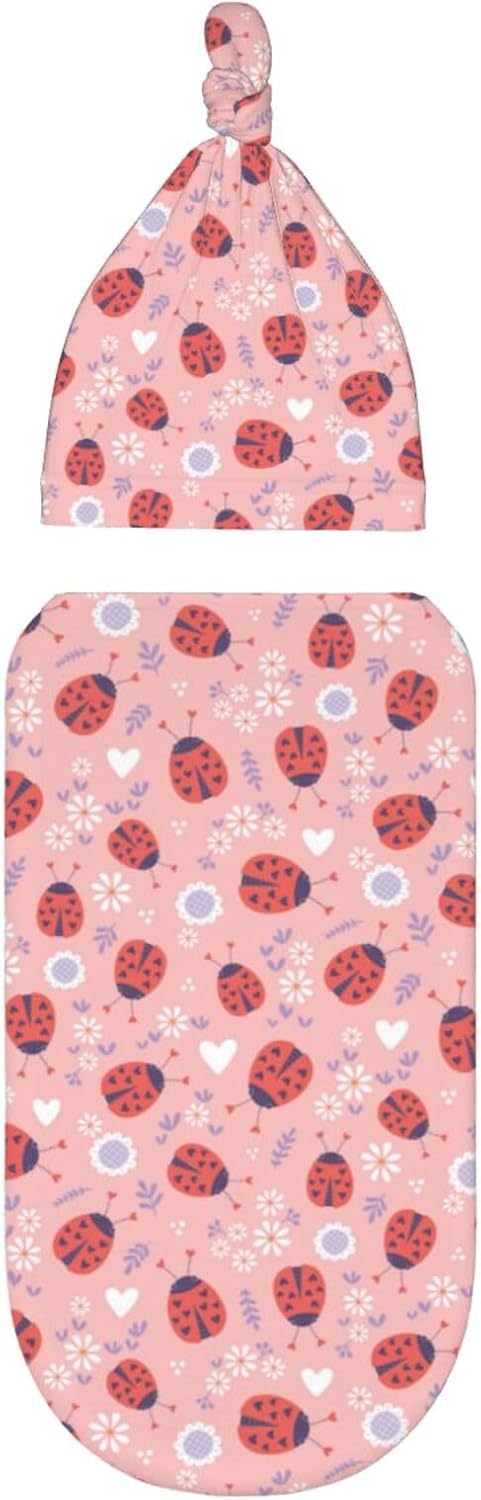 Muishi Ladybugs Hearts Flowers Swaddle Blanket Hat Set