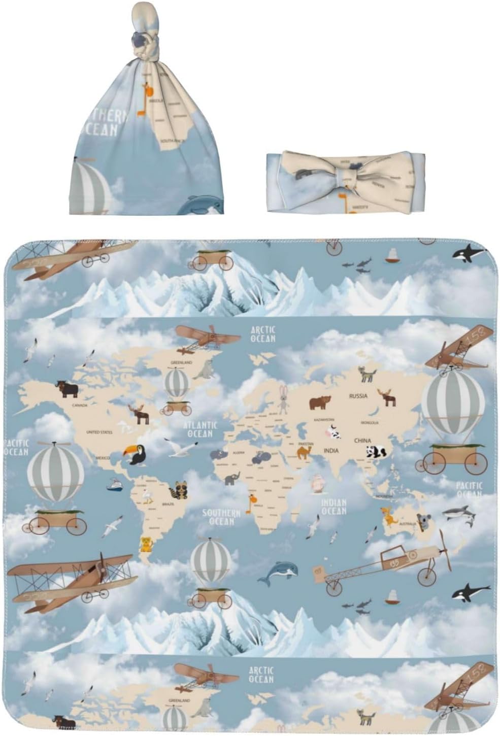 Salelf Animals Travel World Map Swaddling Blanket 3PCS Set