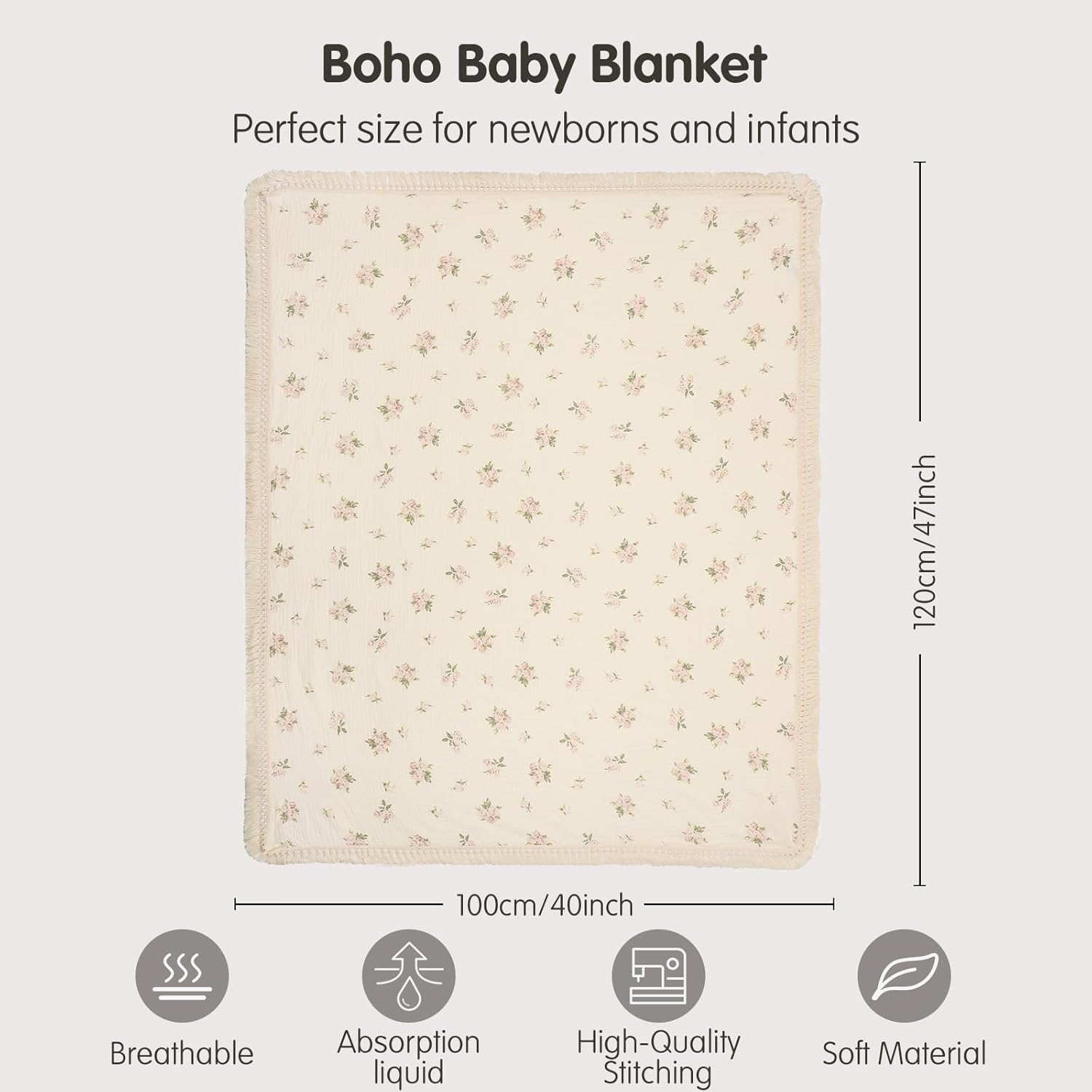 Insular Cotton Muslin Baby Blanket with Tassel 47 x 40 Pink Rose