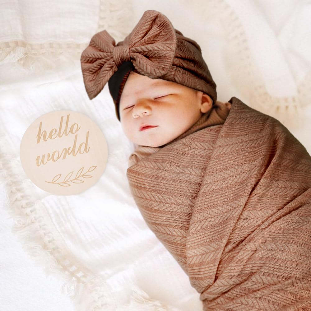 AQOKKA Newborn Swaddle Blanket with Bow Hat Mittens Set 1