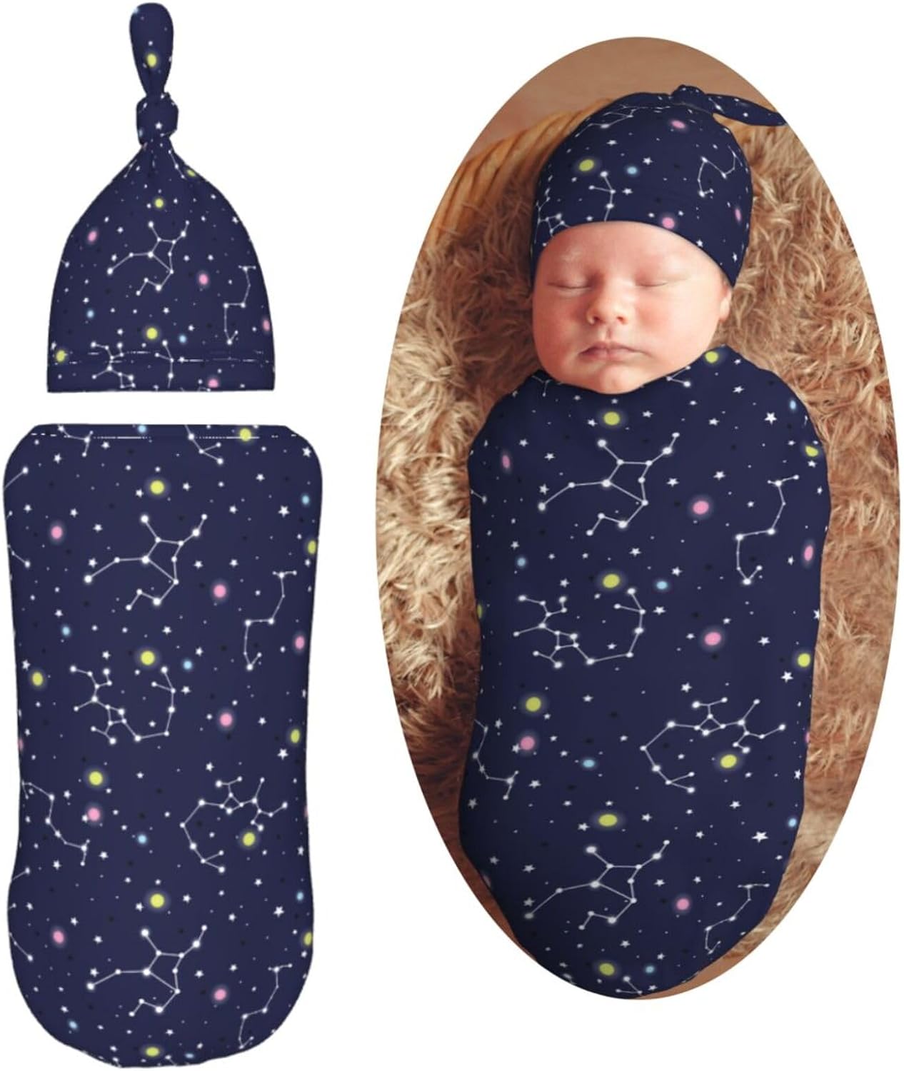 Muishi Space Stars Newborn Swaddle Blanket and Hat Set