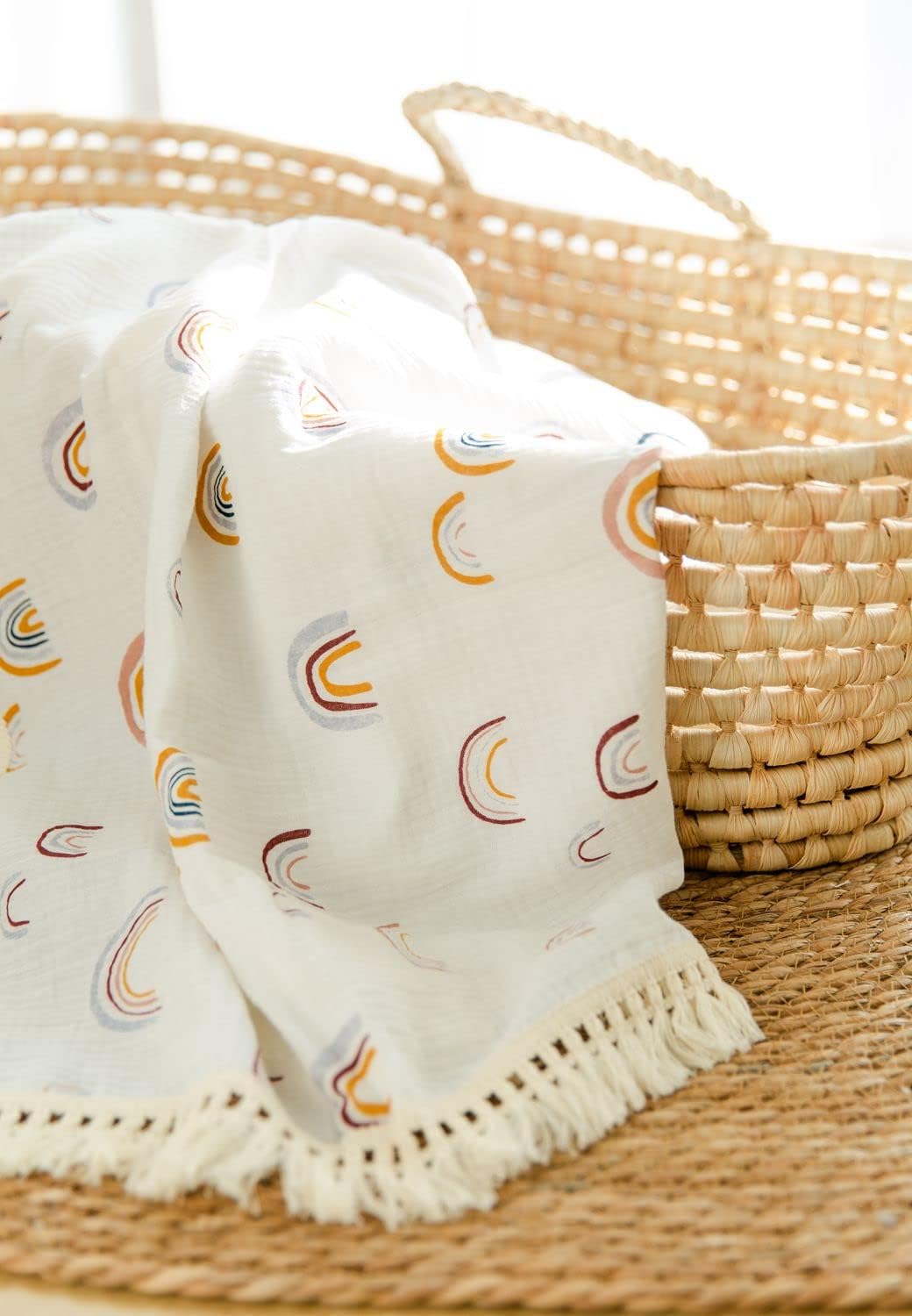 CHUNGEL Boho Rainbow Baby Blanket 40x47 Gender Neutral Tassel Muslin with Fringe