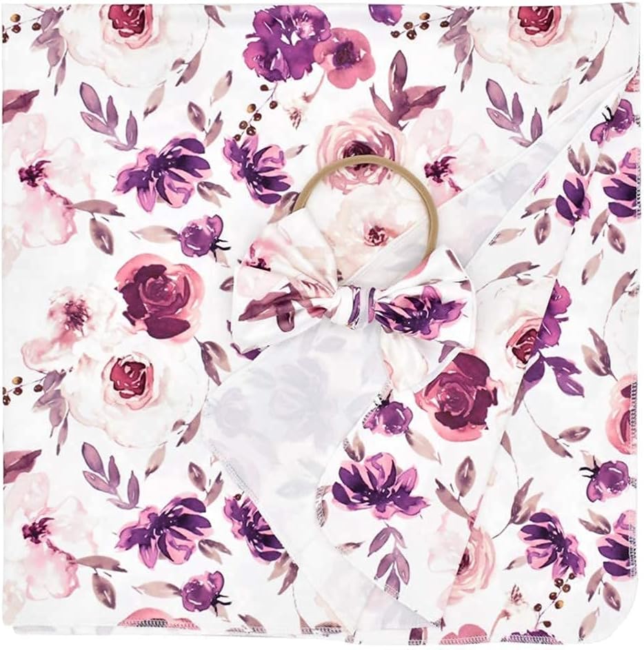 Baby Swaddle Blanket with Headband Set Purple Flowers