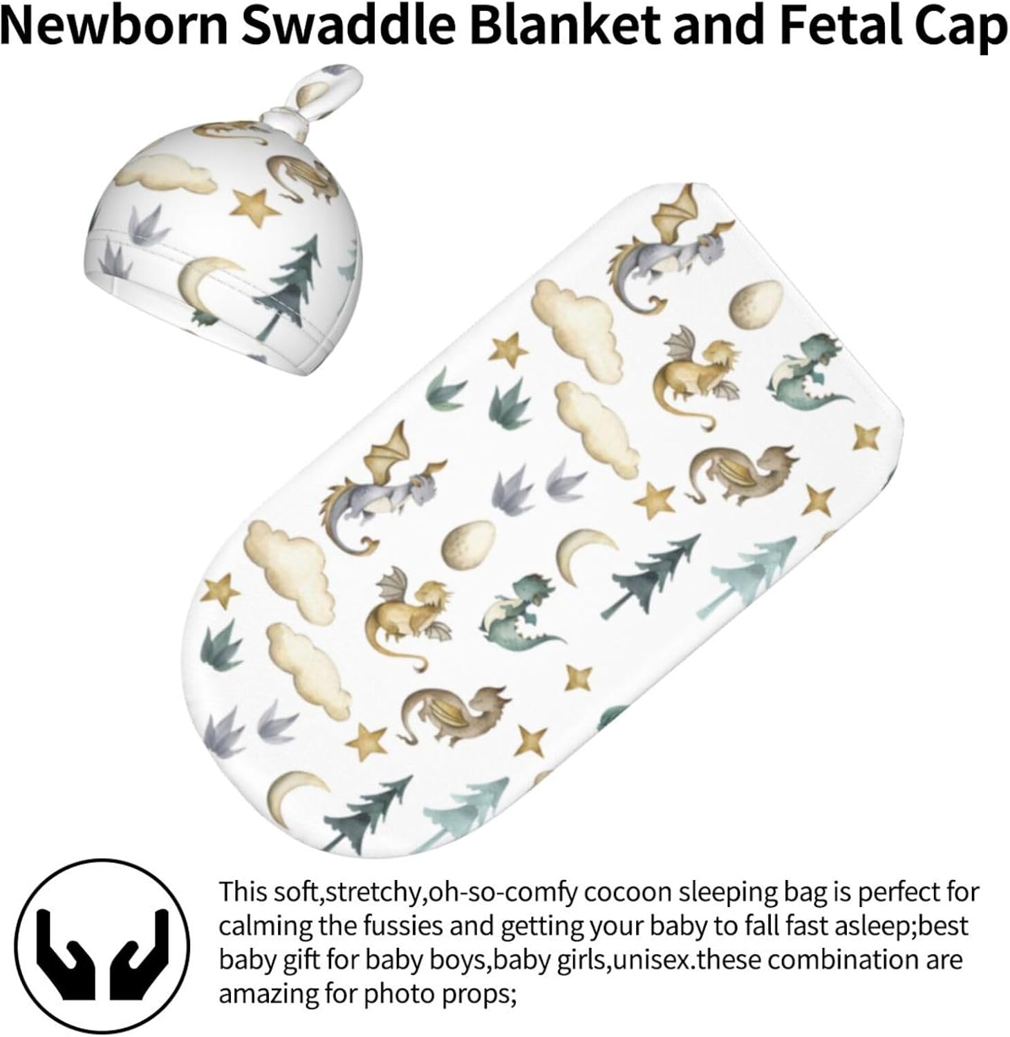 Sozzjile Dragon Print Swaddle Blanket with Beanie Set 1