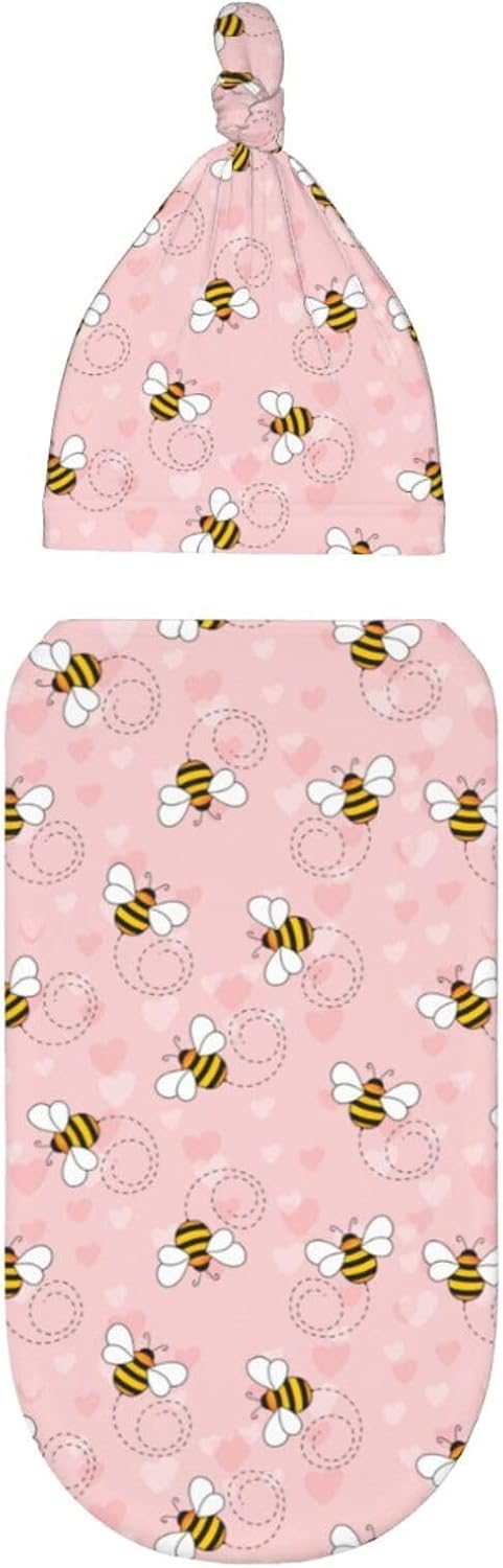 Sozzjile Cute Bee Swaddle Blanket Beanie Set for Newborn