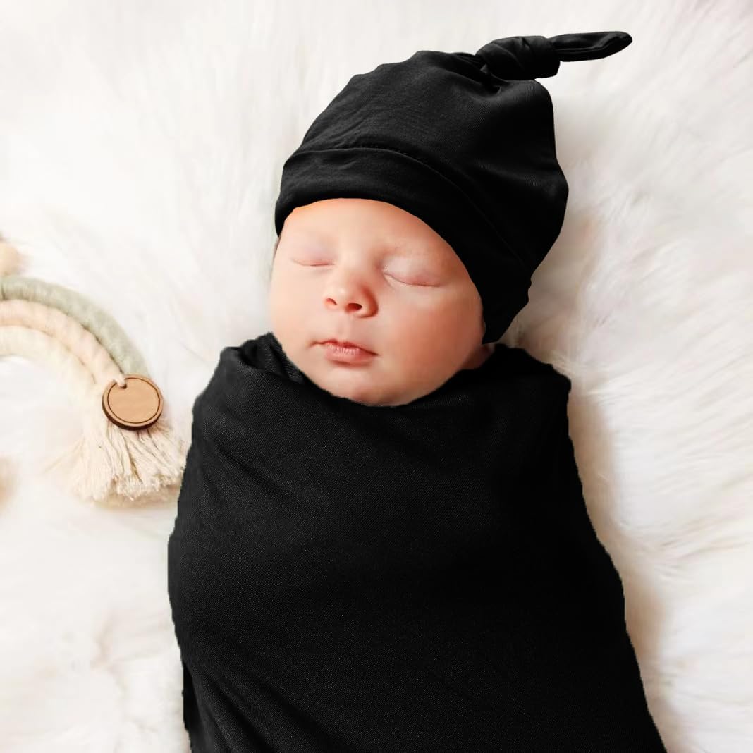 Aijoviko Newborn Swaddle Blanket with Hat Set Black