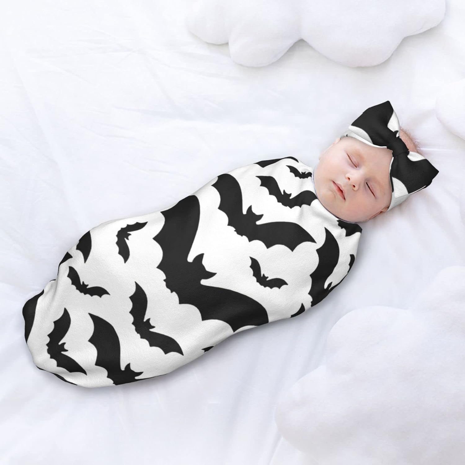 OLGCZM Baby Swaddle Blanket with Headband Set - Halloween Bats Black