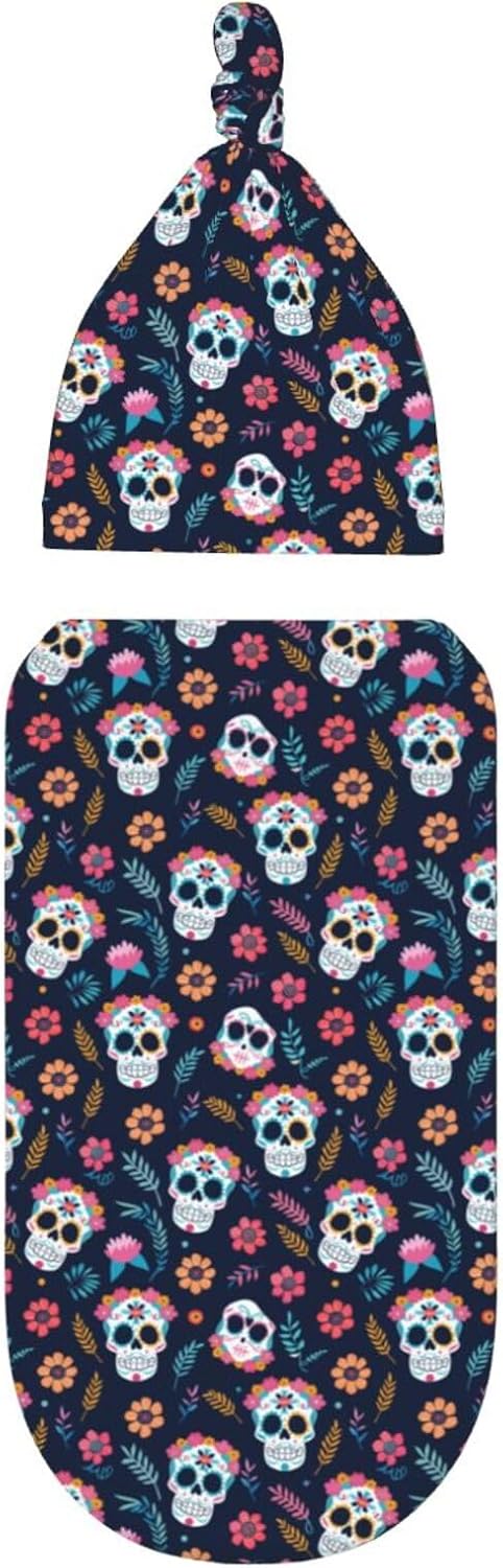 Muishi Sugar Skulls Flower Swaddle Blanket and Beanie Hat Set