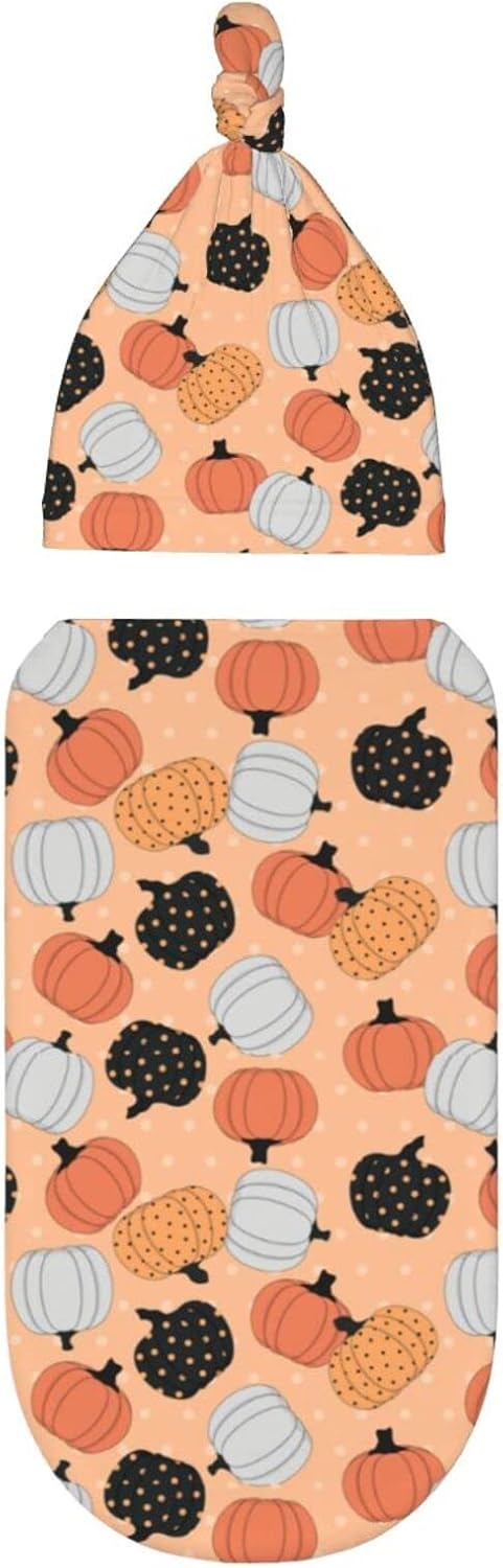 Halloween Pumpkin Swaddle Blanket with Beanie Hat for Newborns