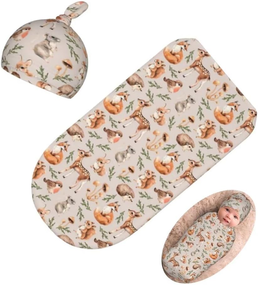 Qiankang Cartoon Animals Swaddling Blanket Beanie Set