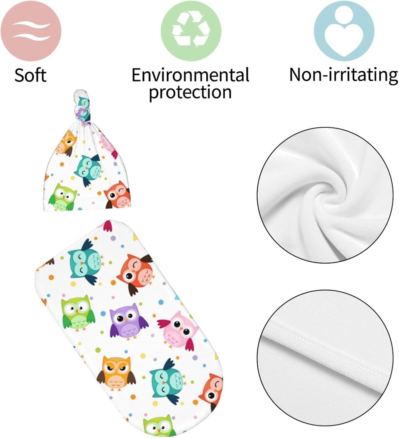 Cute Owls Swaddle Blanket Set with Beanie Hat for Newborn 1