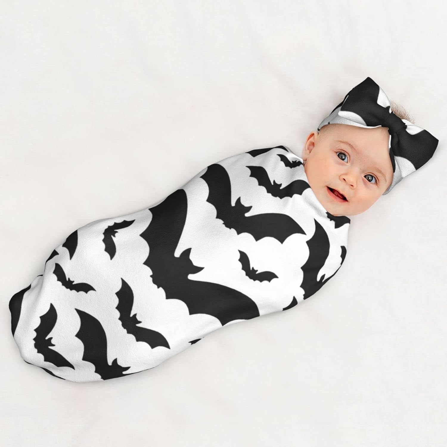 OLGCZM Baby Swaddle Blanket with Headband Set - Halloween Bats Black