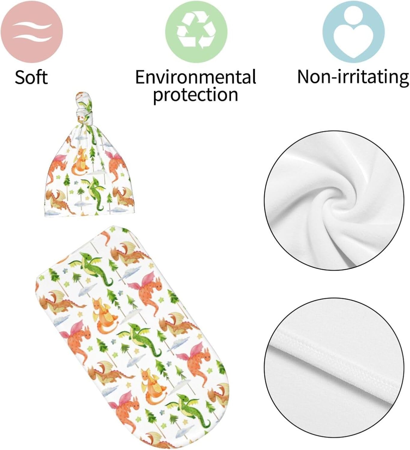 Dragon and Tree Print Swaddle Blanket with Beanie Set