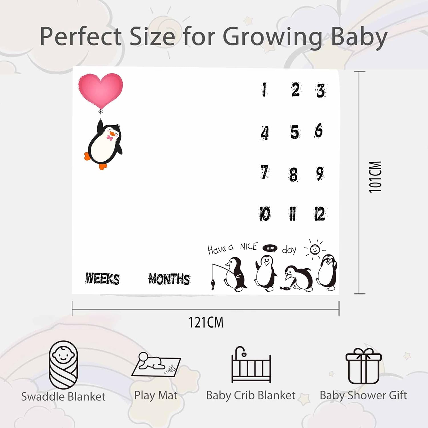 Penguin Baby Milestone Blanket with Love Heart