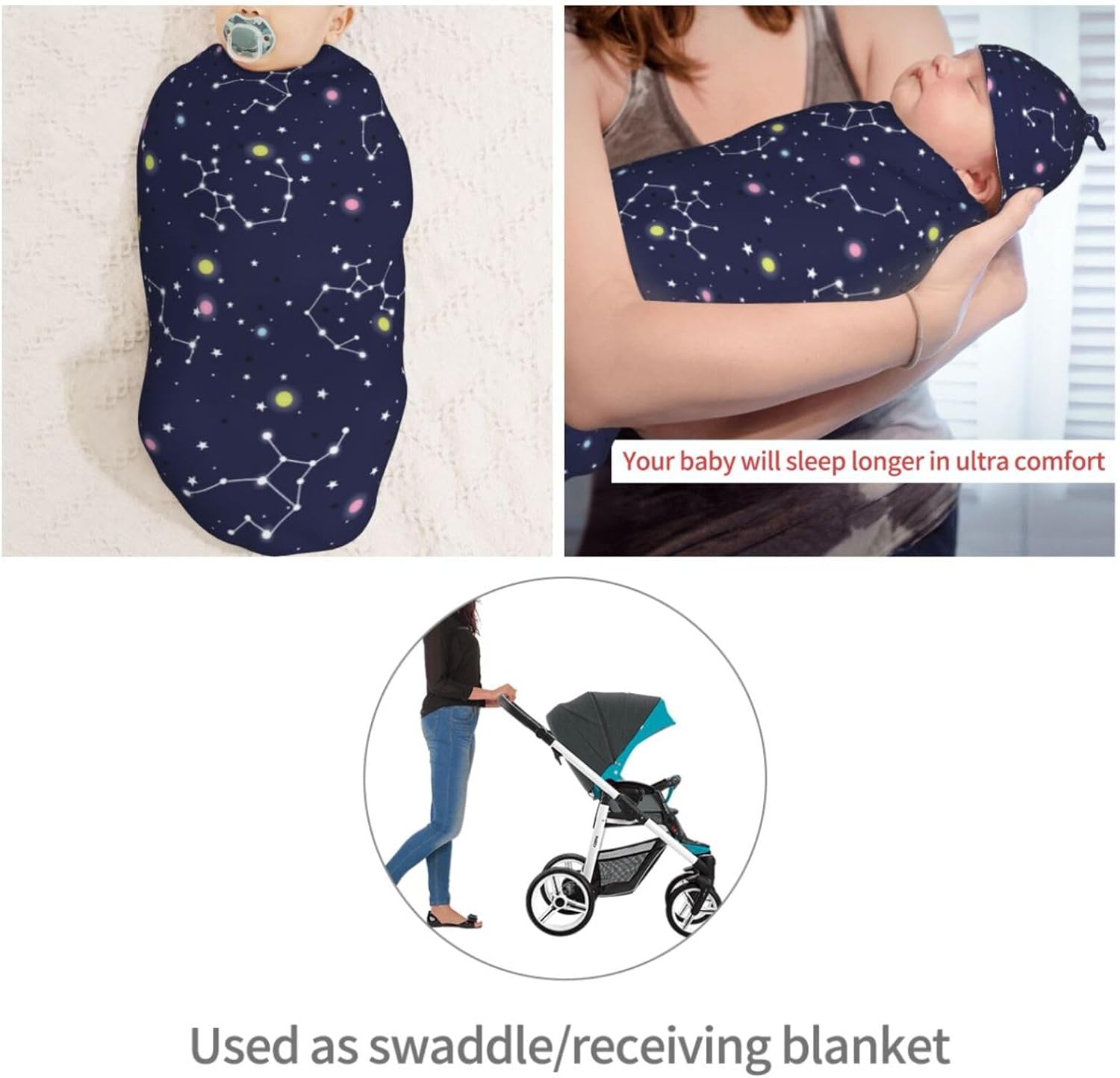 Muishi Space Stars Newborn Swaddle Blanket and Hat Set