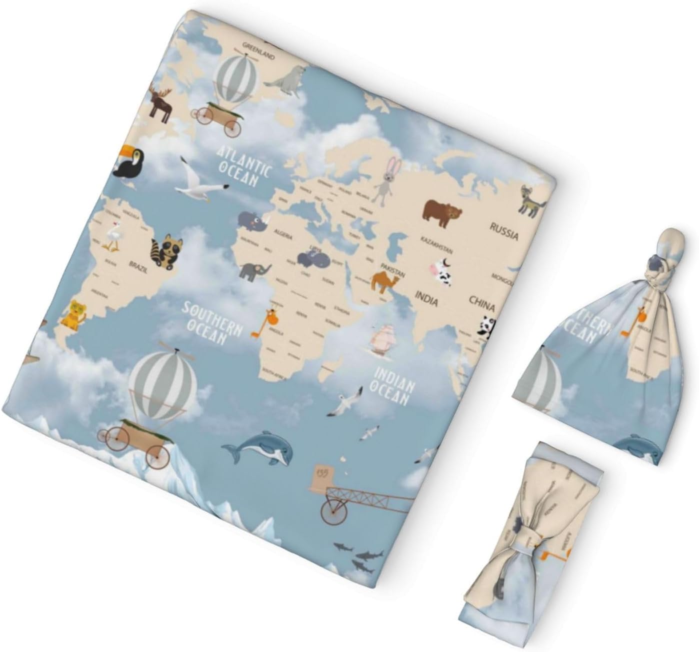 Salelf Animals Travel World Map Swaddling Blanket 3PCS Set