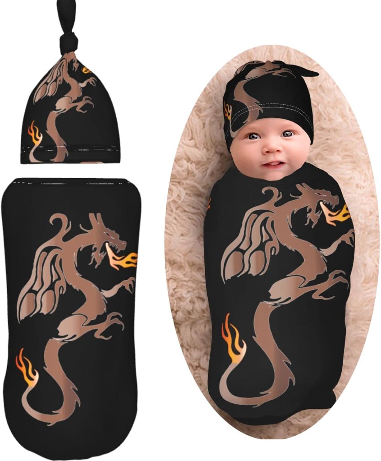 AuHomea Fire Angry Dragon Swaddle Blanket with Beanie Hat 1