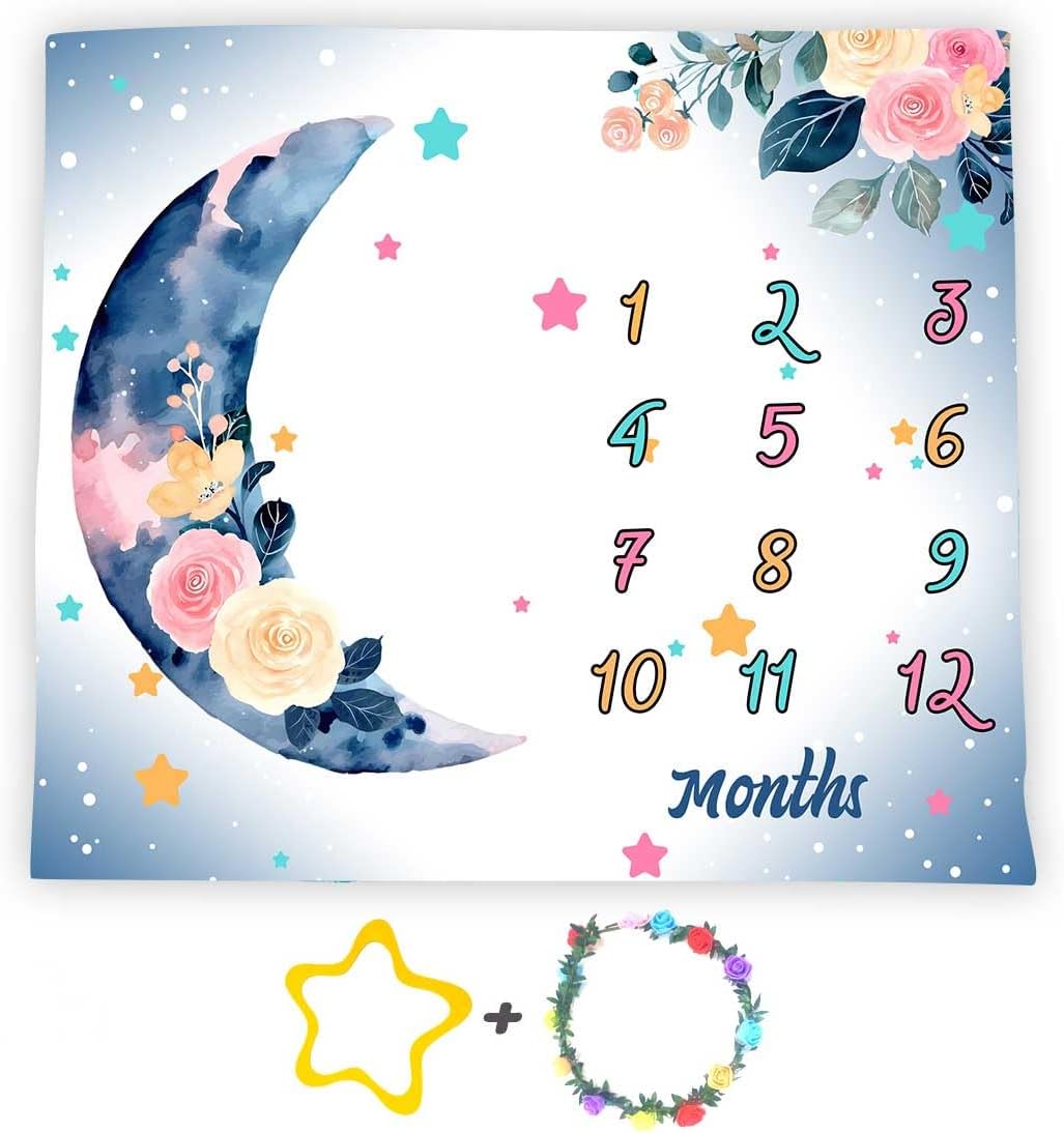 Moon Baby Milestone Blanket - Watercolor Pink Flower Design