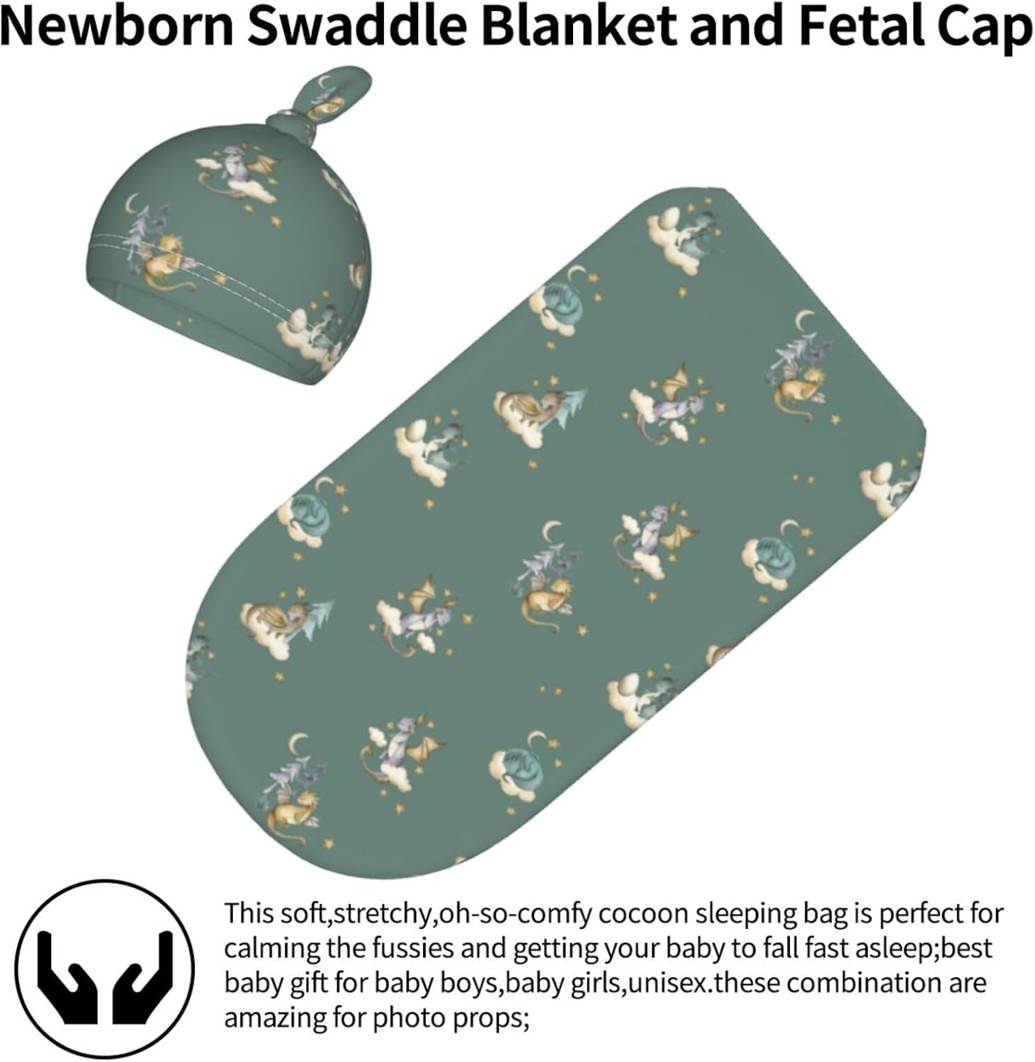 Sozzjile Cute Dragon Print Baby Swaddle Blanket with Beanie Set