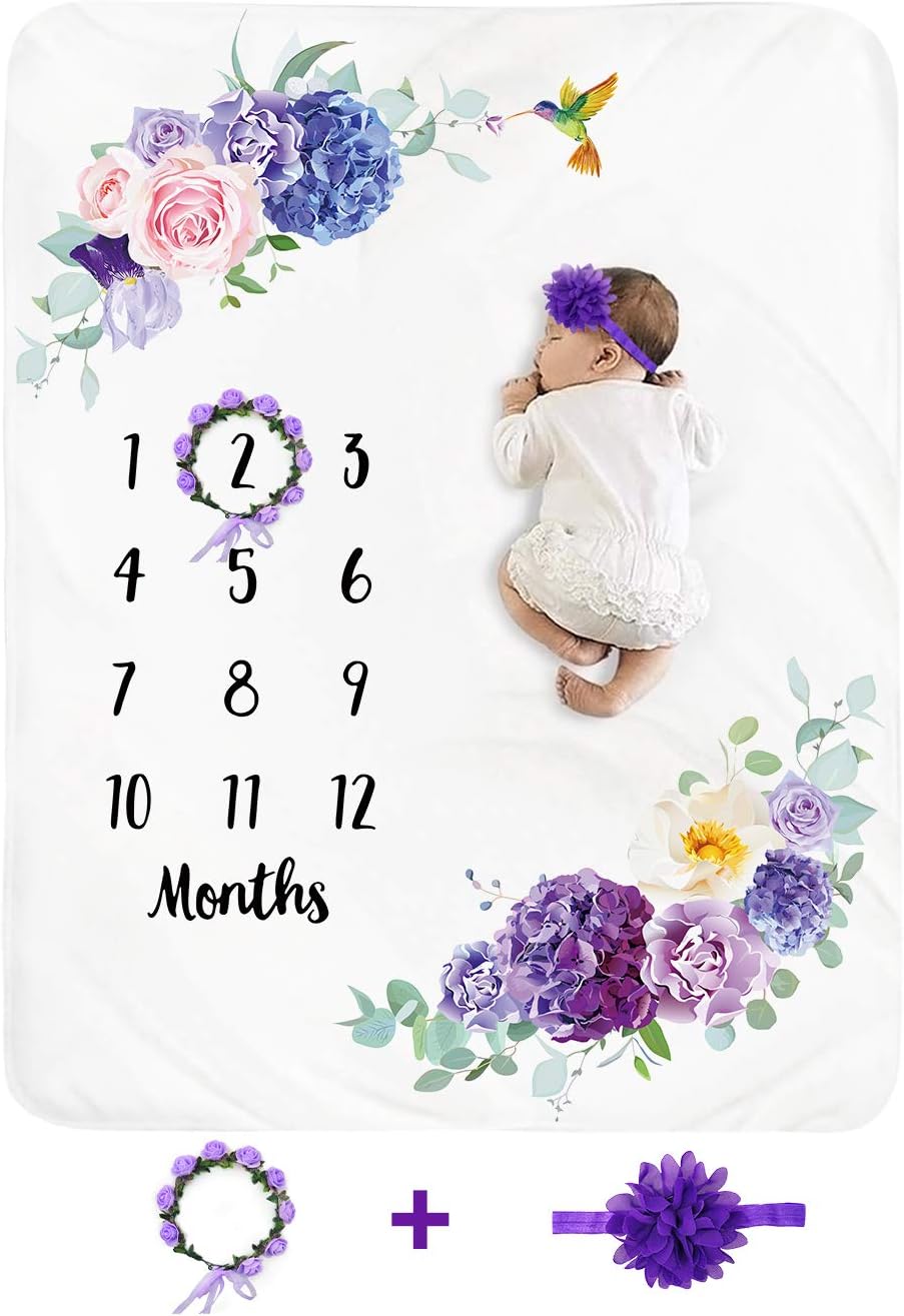 Tebaby Baby Monthly Milestone Blanket with Wreath Headband