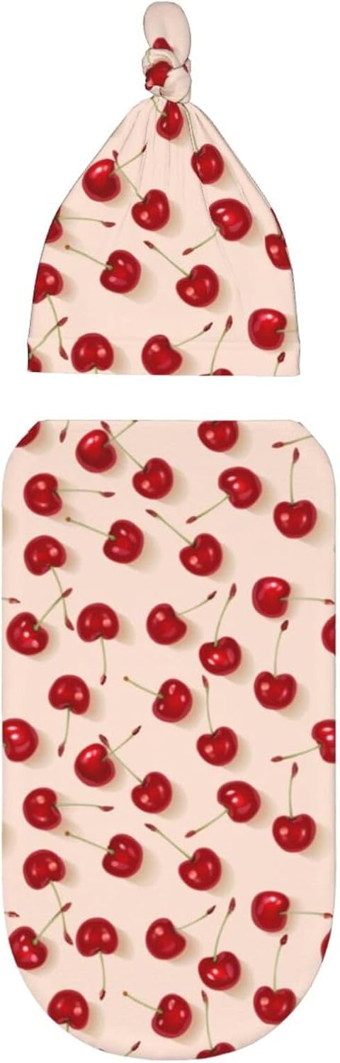Red Cherrys Pattern Newborn Swaddle Blanket Hat Set